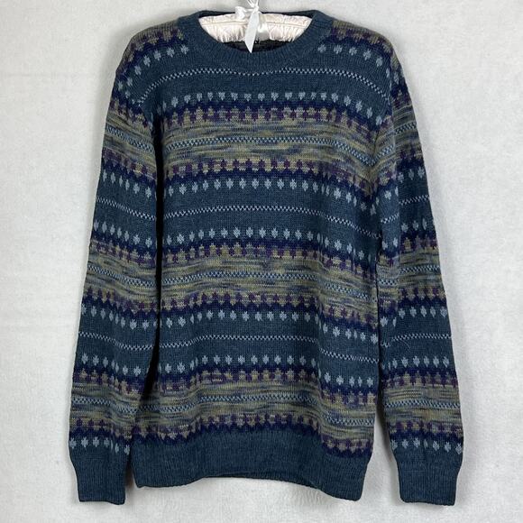 Novica Sweater Large Men's 100% Alpaca Peruvian Crew Neck Blue Multicolor